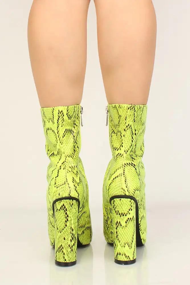 Neon Yellow Snake Print Pointy Toe Chunky Heel Booties - AMIClubwear