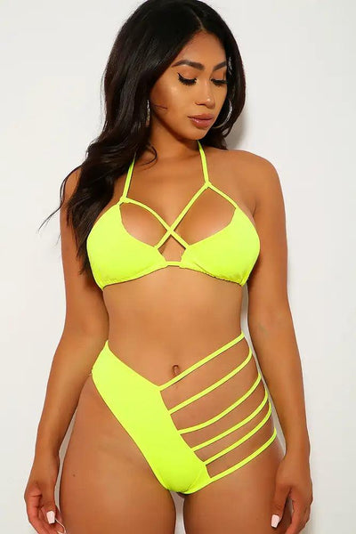 Neon Yellow Strappy Caged Two Piece Swimsuit - AMIClubwear