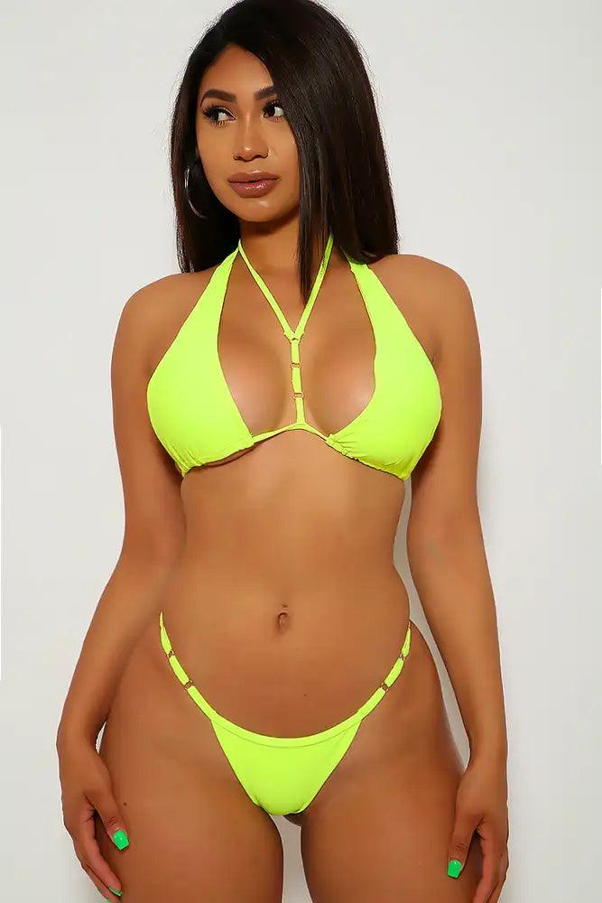 Neon Yellow Strappy Halter Cheeky Two Piece Swimsuit - AMIClubwear
