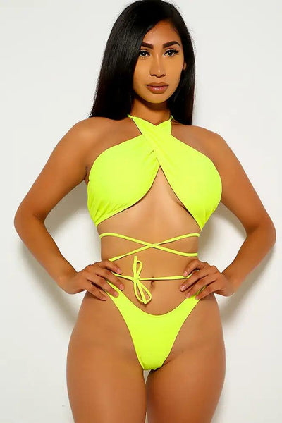 Neon Yellow Strappy Two Piece Swimsuit - AMIClubwear