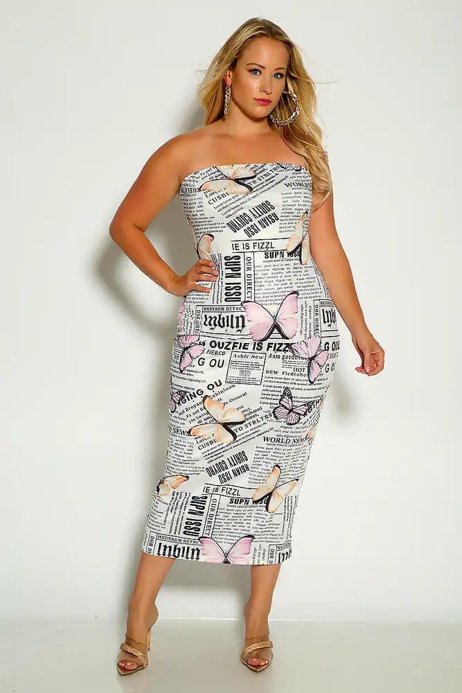 Newspaper Print Strapless Butterfly Detail Plus Size Bodycon Dress - AMIClubwear