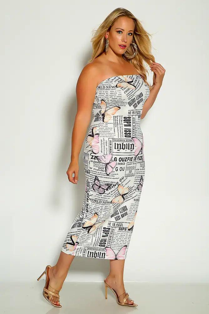 Newspaper Print Strapless Butterfly Detail Plus Size Bodycon Dress - AMIClubwear