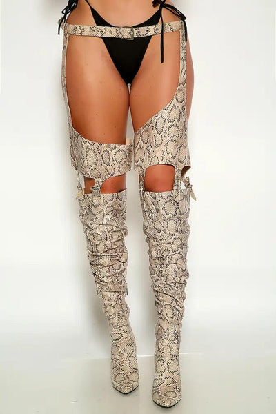 Nude Belted Thigh High Heel Chap Chunky Boots - AMIClubwear