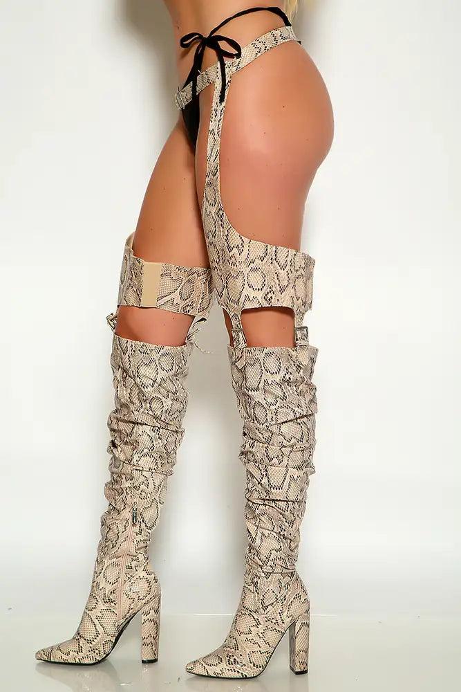 Nude Belted Thigh High Heel Chap Chunky Boots - AMIClubwear