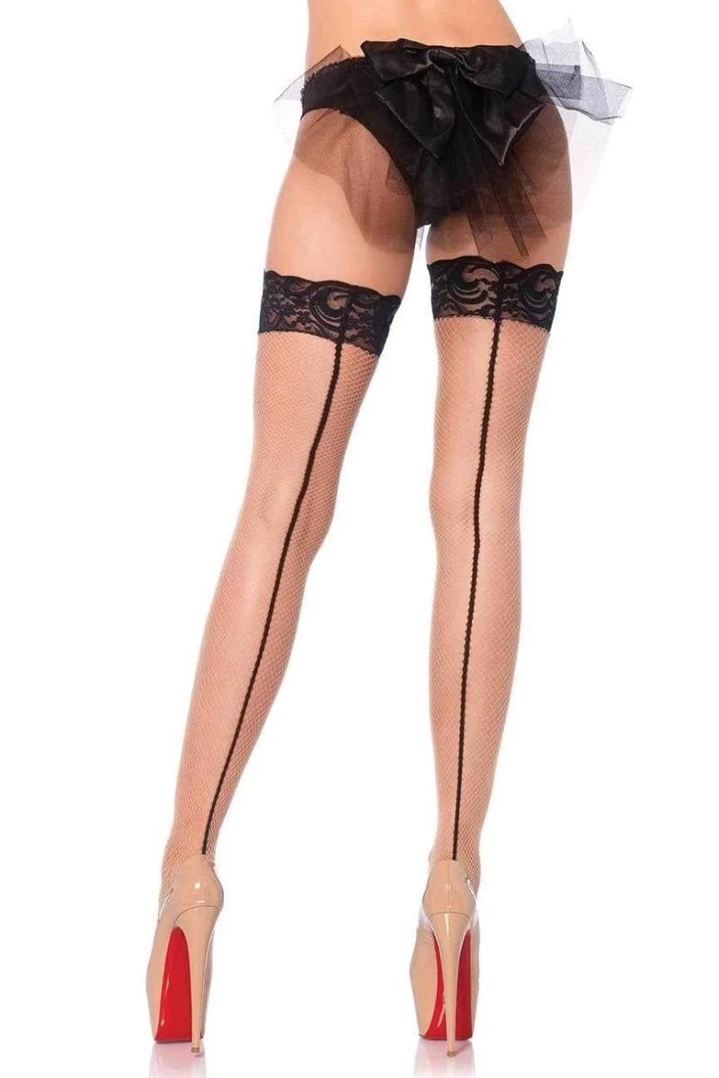 Nude Black Lace Top Backseam Fishnet Thigh Highs - AMIClubwear