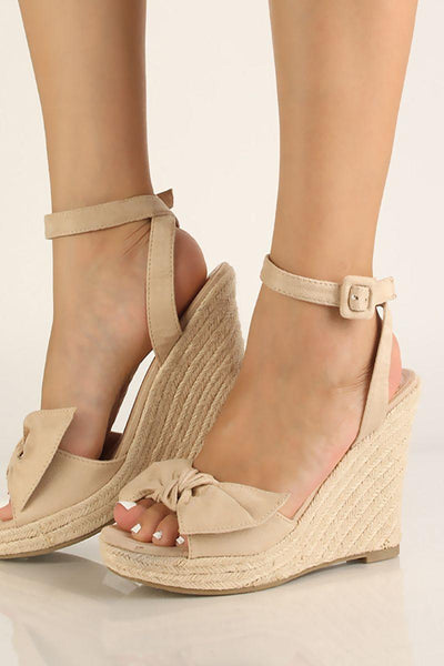 Nude Bow Accent Espadrille Wedges - AMIClubwear