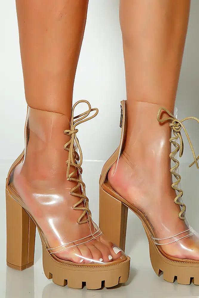 Nude Clear Lace Up Chunky Booties - AMIClubwear