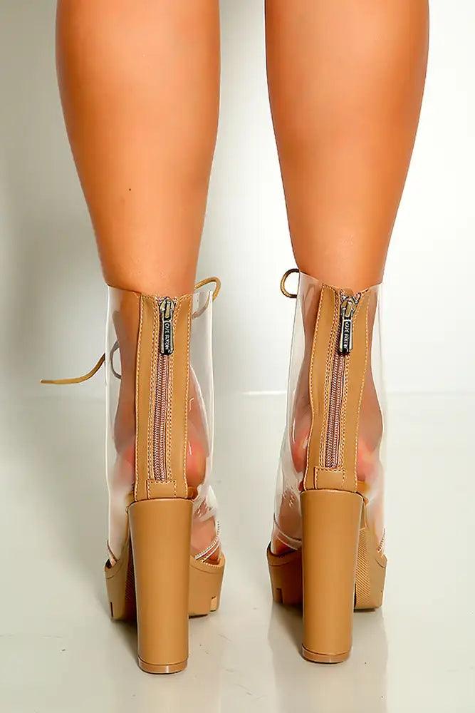 Nude Clear Lace Up Chunky Booties - AMIClubwear