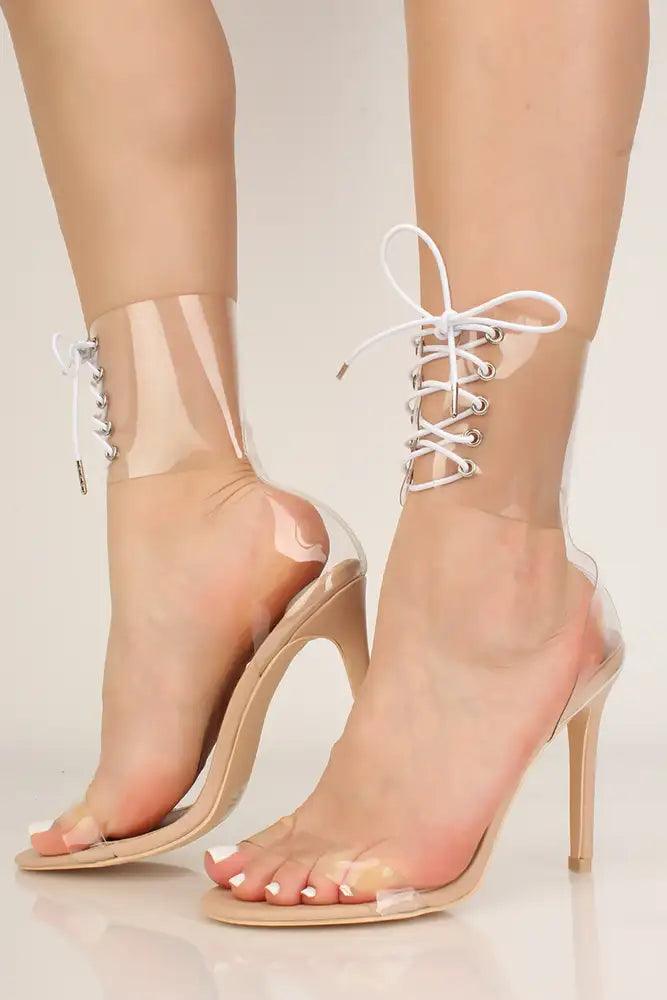 Nude Clear Lace Up High Heels - AMIClubwear