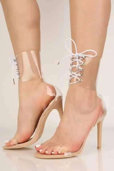 Nude Clear Lace Up High Heels - AMIClubwear