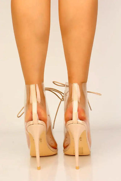 Nude Clear Lace Up Peep Toe High Heels - AMIClubwear