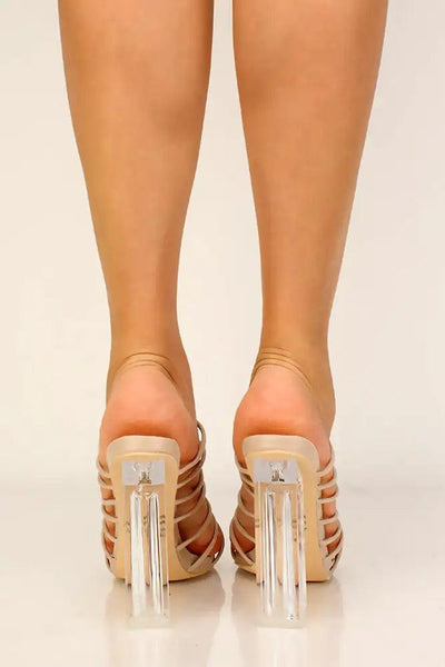 Nude Clear Strappy Chunky High Heels - AMIClubwear