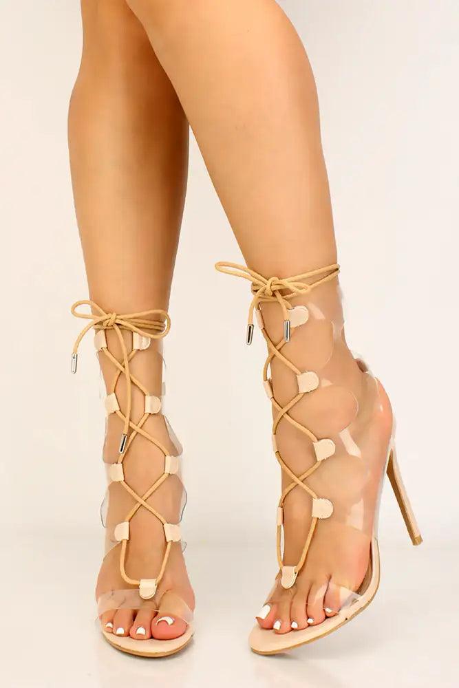 Nude Clear Strappy Lace Up High Heels - AMIClubwear