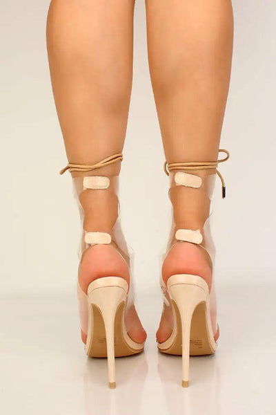 Nude Clear Strappy Lace Up High Heels - AMIClubwear