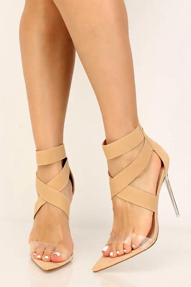 Nude Clear Strappy Pointy Toe High Heels - AMIClubwear