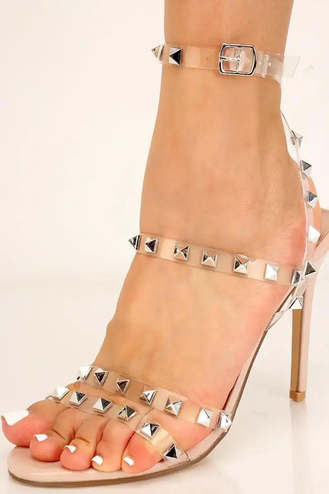 Nude Clear Studded Strappy High Heels - AMIClubwear