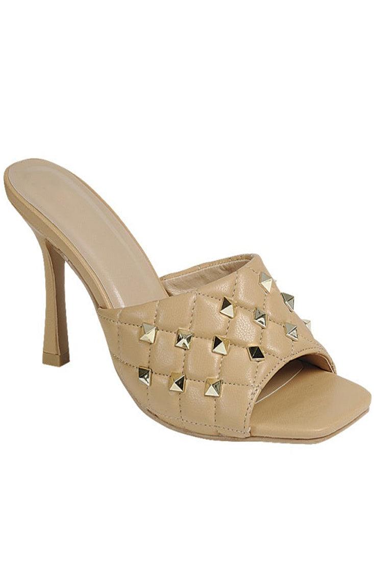 Nude Faux Leather Quilted Gold Stud Open Toe Slip On High Heels - AMIClubwear