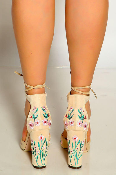 Nude Faux Suede Floral Print Chunky Heels - AMIClubwear