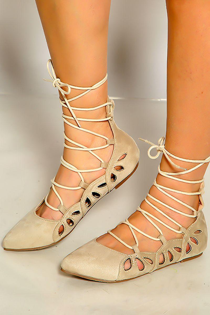 Nude Faux Suede Lace Up Flats - AMIClubwear