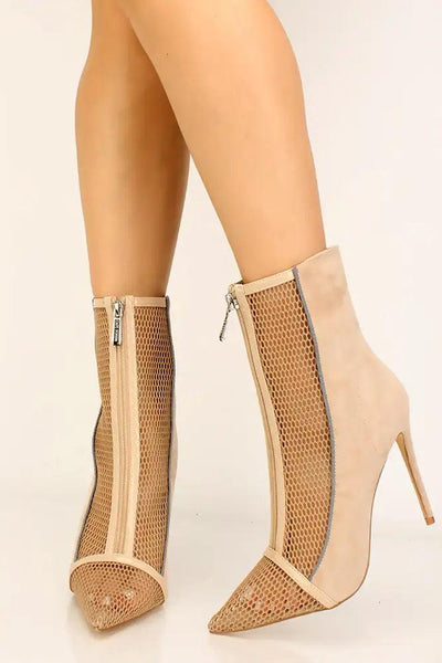 Nude Faux Suede Netted Pointy Toe Booties - AMIClubwear