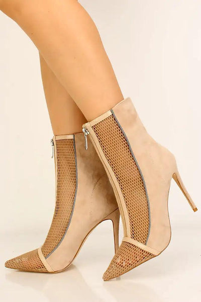 Nude Faux Suede Netted Pointy Toe Booties - AMIClubwear