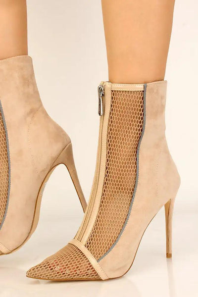 Nude Faux Suede Netted Pointy Toe Booties - AMIClubwear