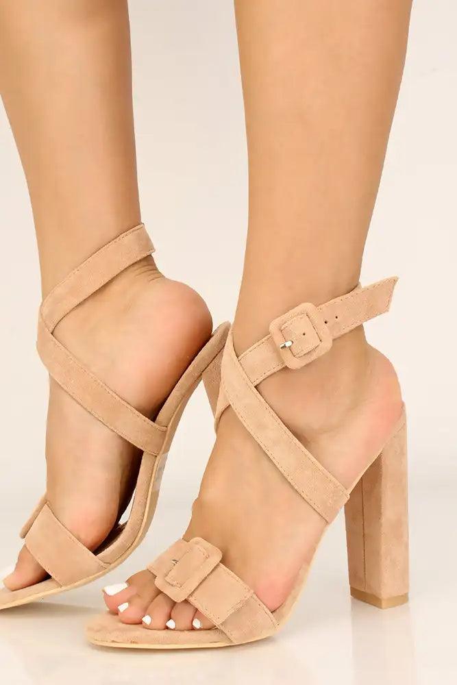 Nude Faux Suede Strappy Chunky Heels - AMIClubwear
