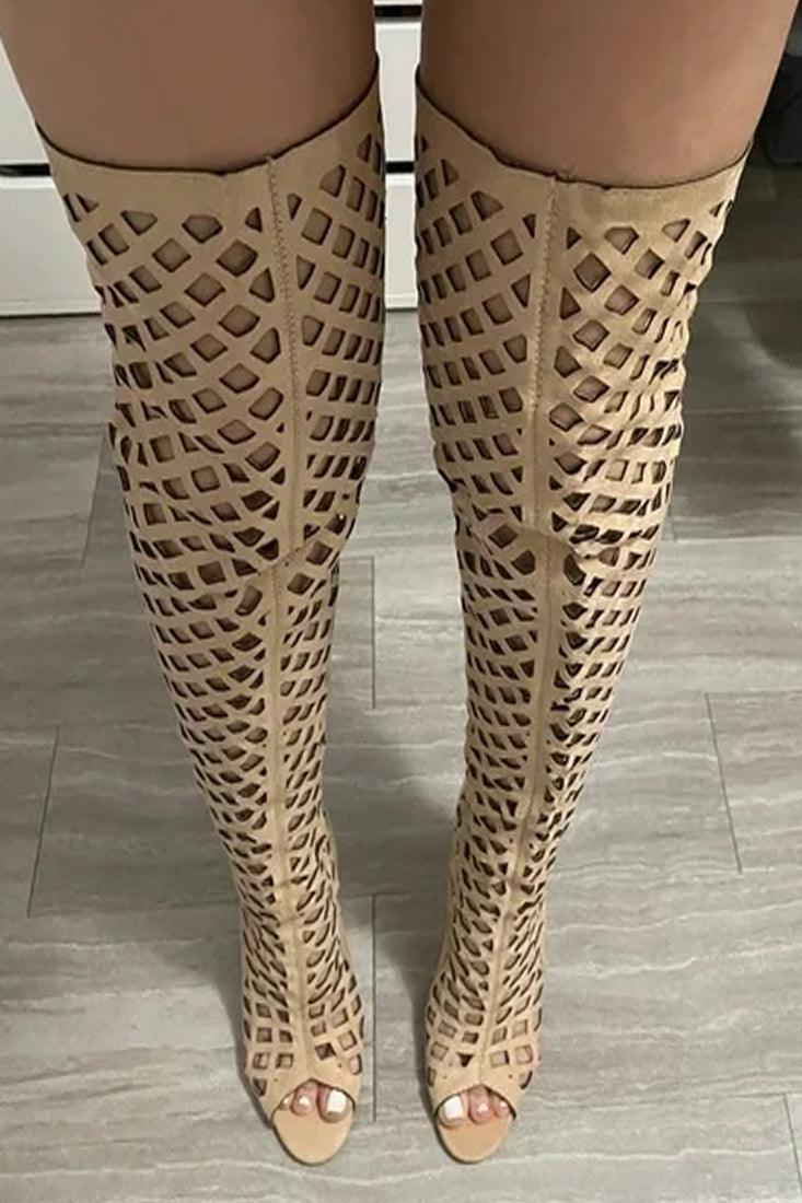 Nude Gladiator Open Toe Lace Back Full Zipper Thigh High Stiletto Heel Boots - AMIClubwear