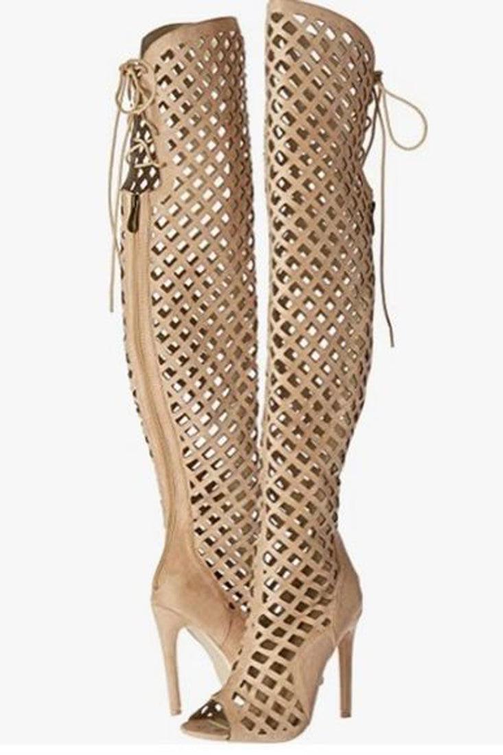 Nude Gladiator Open Toe Lace Back Full Zipper Thigh High Stiletto Heel Boots - AMIClubwear