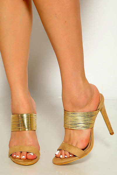 Nude Gold Strappy Slip On High Heels - AMIClubwear