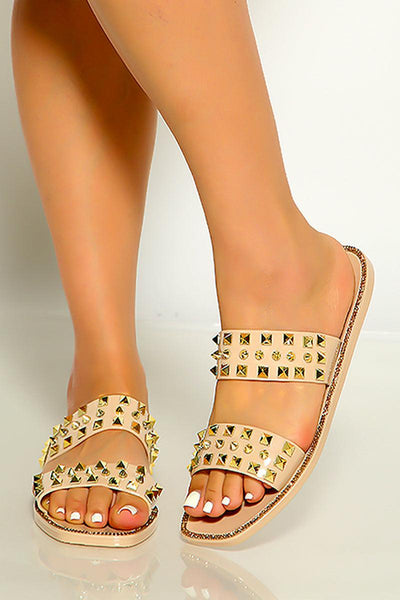 Nude Gold Studded Rhinestone Slip On Sandals - AMIClubwear