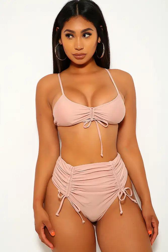 Nude High Waist Ruched Two Piece Swimsuit - AMIClubwear