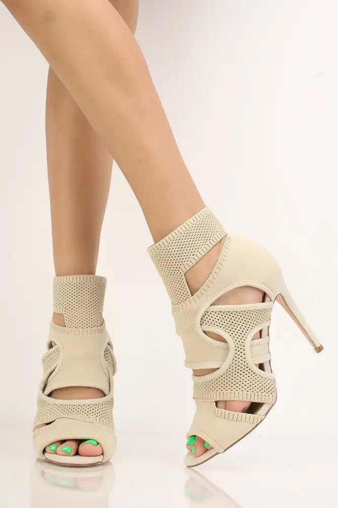 Nude Knit Peep Toe Single Sole High Heels - AMIClubwear