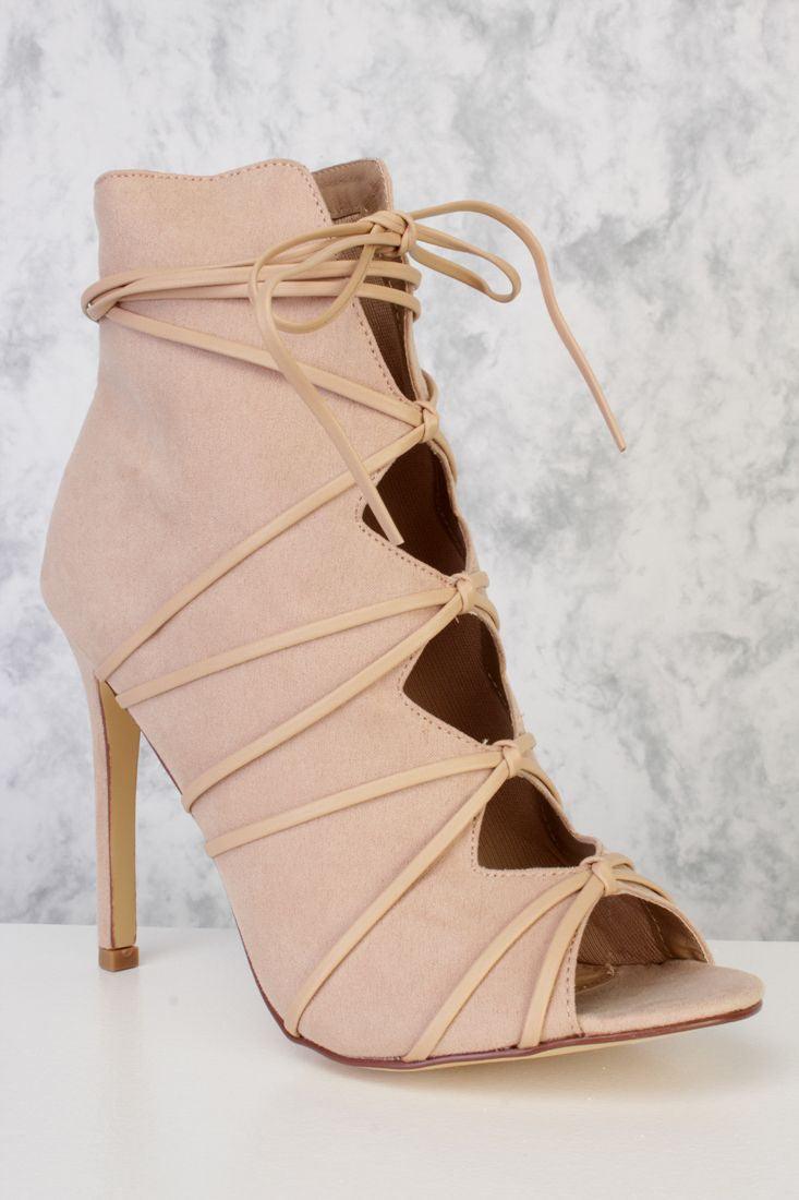 Nude Knotted Wrap Around Lace Peep Toe Single Sole High Heel Booties Suede - AMIClubwear