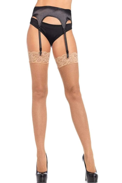 Nude Lace Top Fishnet Thigh Highs - AMIClubwear