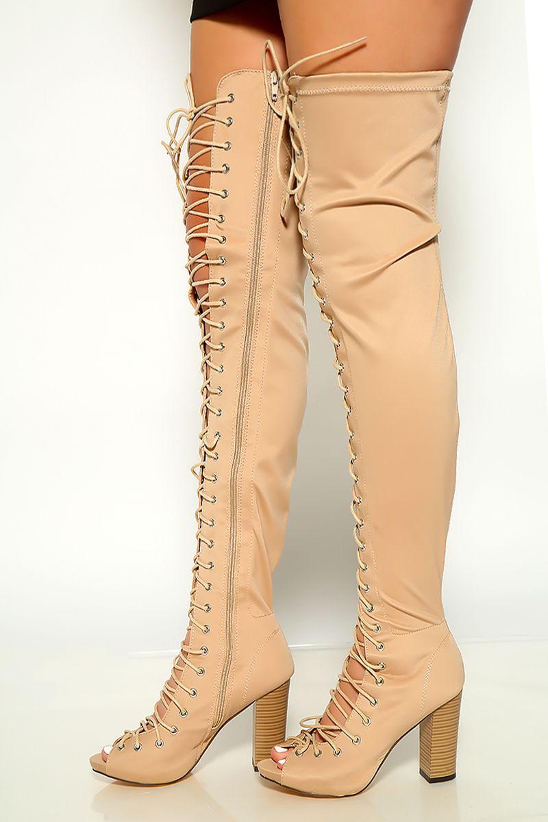 Nude Lace Up Chunky Heels Thigh High Boots - AMIClubwear