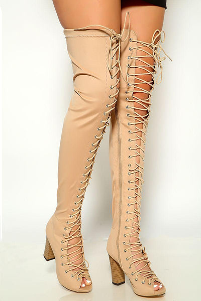 Nude Lace Up Chunky Heels Thigh High Boots - AMIClubwear