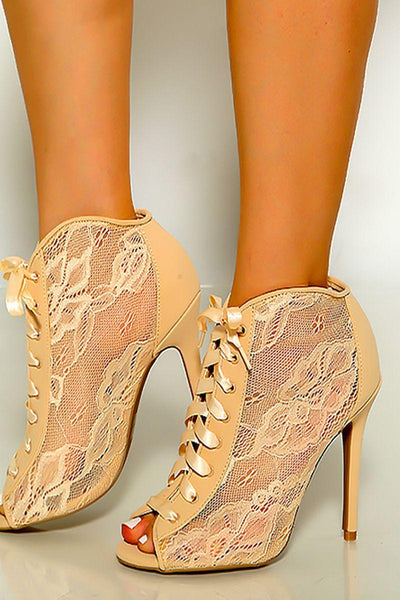 Nude Lace Up Lace Embroidered High Heel Booties - AMIClubwear