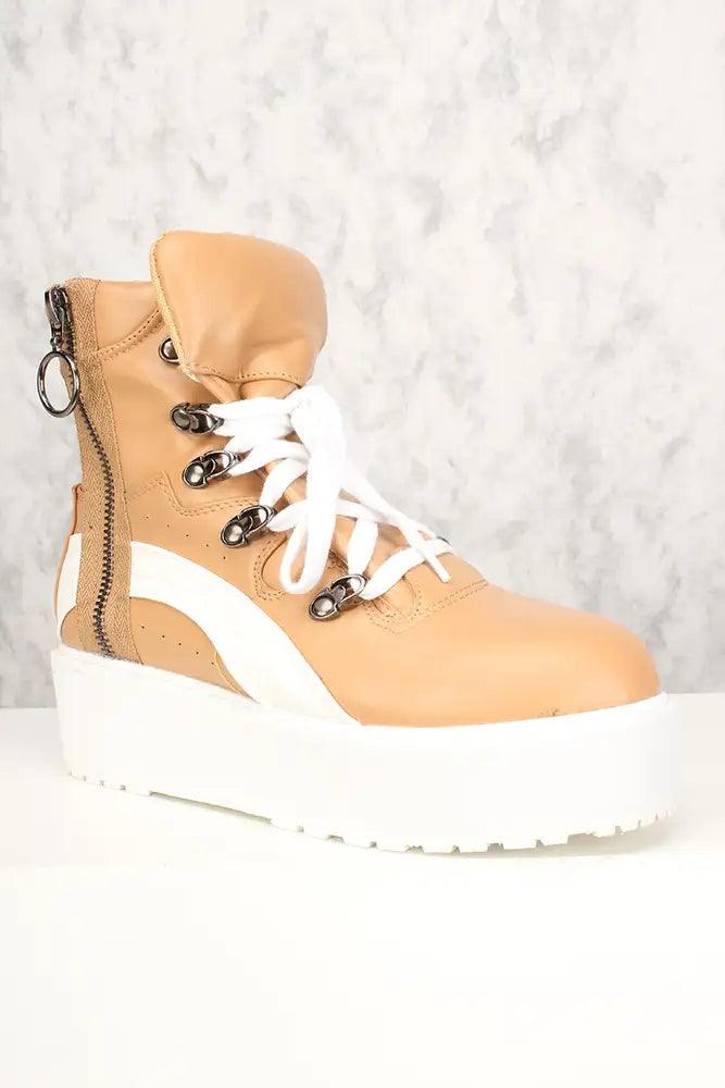 Nude Lace Up Zip Up High Ankle Platform Sneakers Faux Leather - AMIClubwear