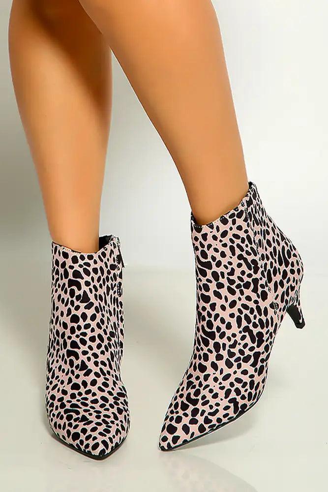 Nude Leopard Suede Pointy Toe Kitten High Heel Booties - AMIClubwear