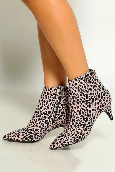 Nude Leopard Suede Pointy Toe Kitten High Heel Booties - AMIClubwear