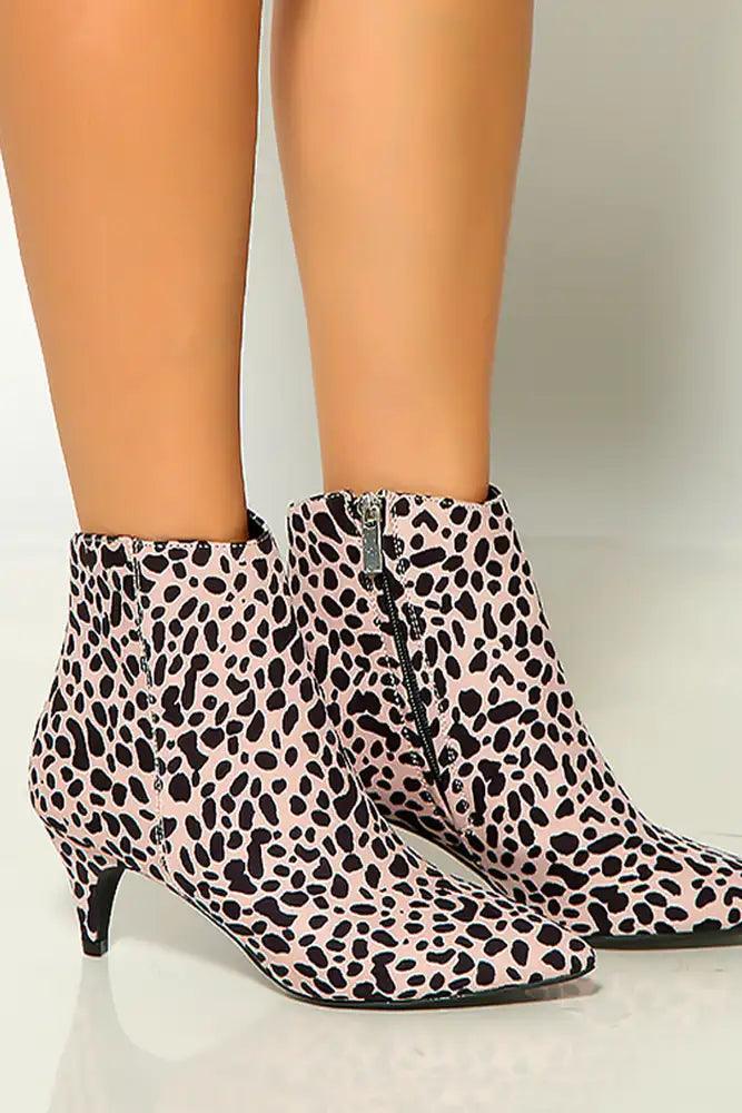 Nude Leopard Suede Pointy Toe Kitten High Heel Booties - AMIClubwear