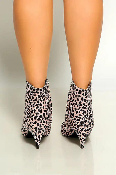 Nude Leopard Suede Pointy Toe Kitten High Heel Booties - AMIClubwear