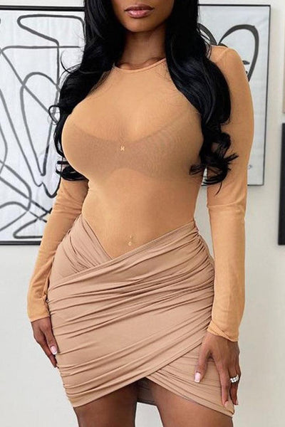 Nude Long Sleeve Mesh Sexy Party Dress - AMIClubwear
