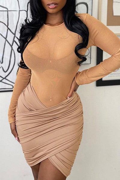 Nude Long Sleeve Mesh Sexy Party Dress - AMIClubwear