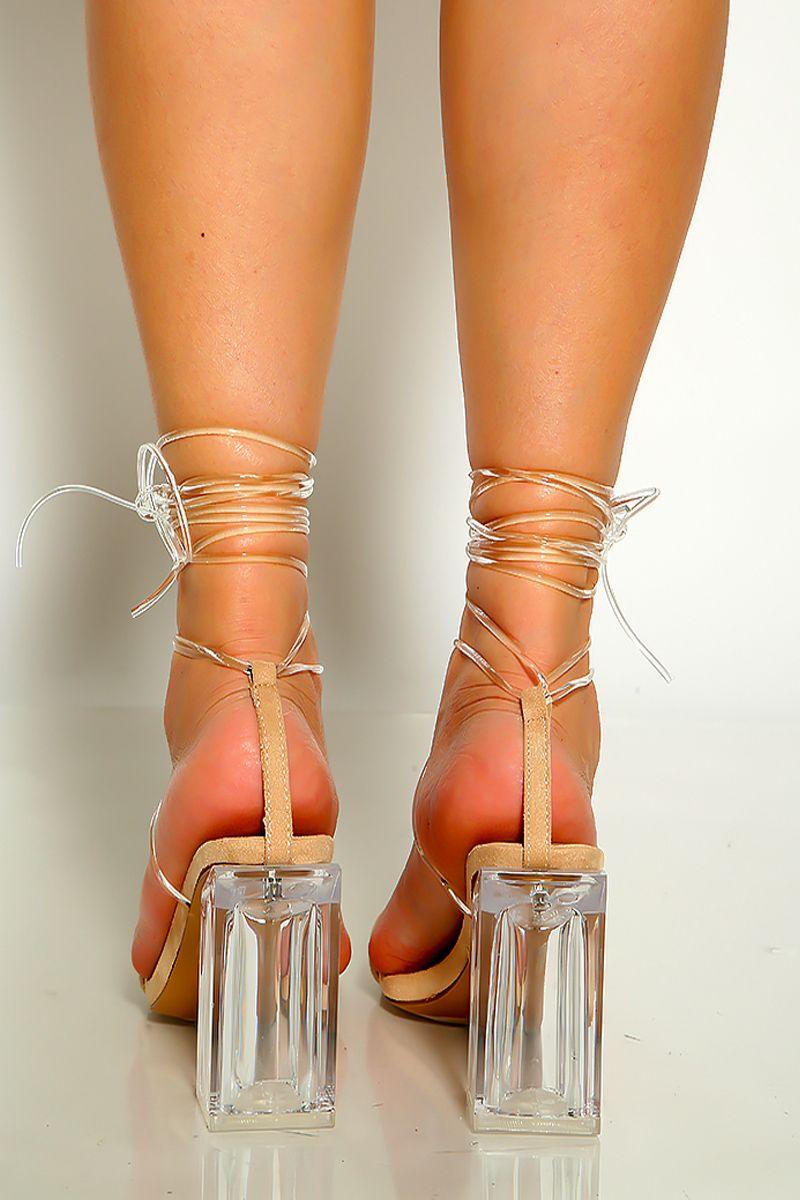 Nude Open Toe Clear Strappy Wrap Around Chunky High Heels - AMIClubwear
