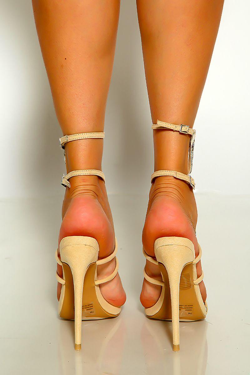 Nude Open Toe Strappy Rhinestone Single Sole High Heels - AMIClubwear