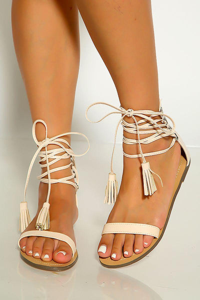 Nude Open Toe Strappy Wrap Around Tassel Sandals - AMIClubwear