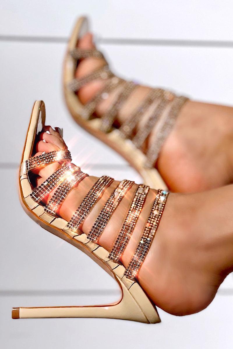 Nude Patent Strappy Rhinestone Accent Slip On High Heels - AMIClubwear