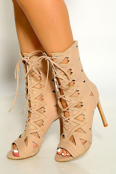 Nude Peep Toe Lace Up Cut Out Detail Single Sole High Heels - AMIClubwear